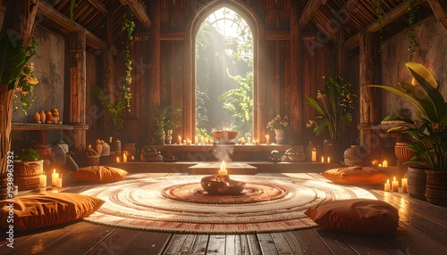 Serene wooden room filled with candles and plants for meditation