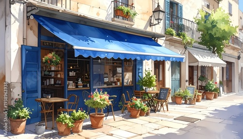 Charming storefront with outdoor seating and potted plants