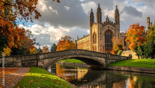 Stone bridge crosses river near historic building in autumn