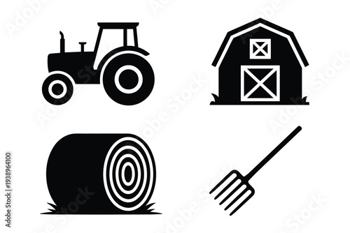 Black and white farming set with tractor hay bale pitchfork and barn
