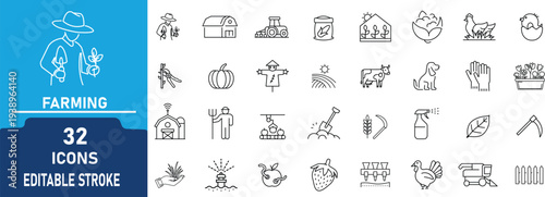 Farming and Agriculture Line Icon Set. Contain to related icons Farm, Crop, Livestock . Gardening and more. Editable Stroke Vector illustration.
