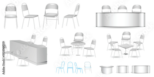 Collection of modern lounge armchairs and round coffee tables shown from multiple angles and perspectives. Minimal contemporary furniture set commonly used in living rooms, hotel lobbies, offices,  