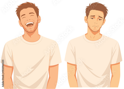 071-41-Man showing contrasting emotions, laughing happily and looking depressed