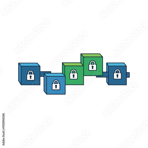 Blockchain security network with interconnected data blocks and padlocks