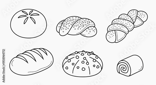 Illustration of various bread types on a table in a bakery setting from above