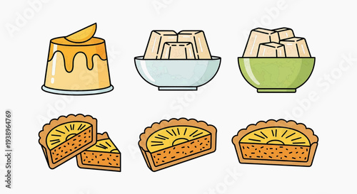 A colorful illustration of various desserts on plates and in bowls on a table