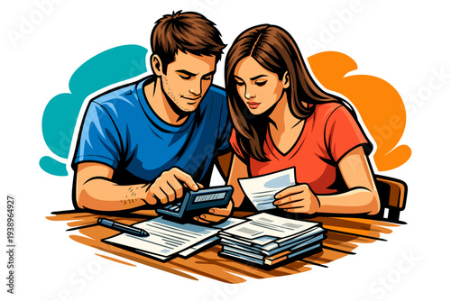 Couple calculating finances together at a table.