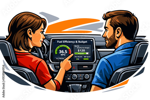 Couple checking fuel efficiency and budget on car dashboard screen.