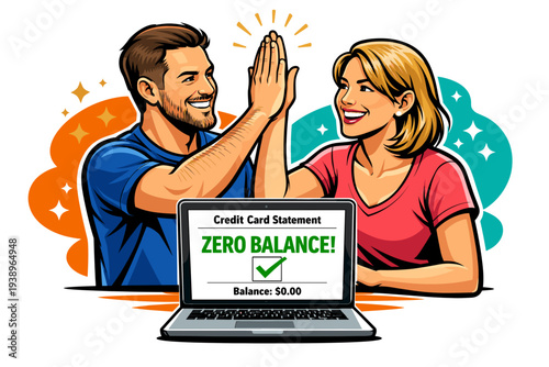 Couple celebrates zero credit card balance on laptop screen.