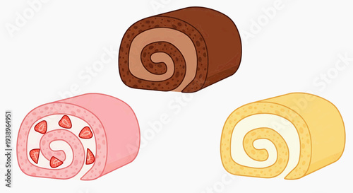 Three colorful cake rolls on a white surface, featuring chocolate, strawberry and vanilla flavors