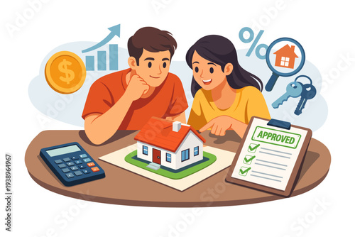 Couple reviewing house model and mortgage approval documents.