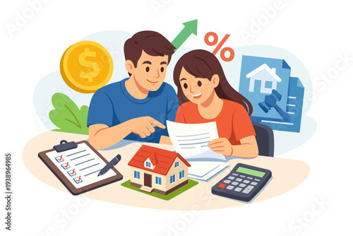 Couple reviews documents for home purchase with financial planning.