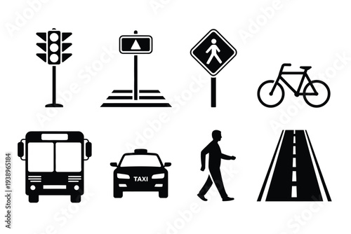 Black and white transportation and traffic symbols