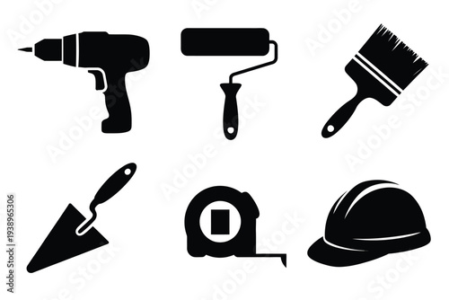 Black construction tools and equipment silhouettes