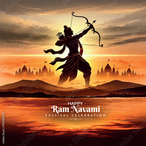 Silhouette of Lord Rama with bow at sunrise Ram Navami festival greeting background