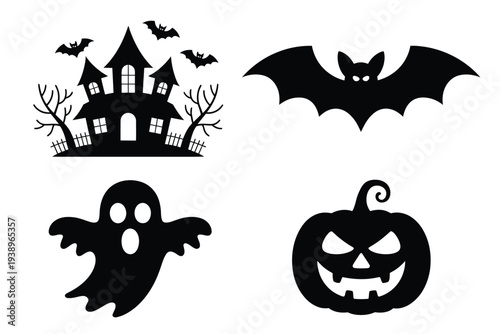 Black halloween including haunted house ghost bat and pumpkin