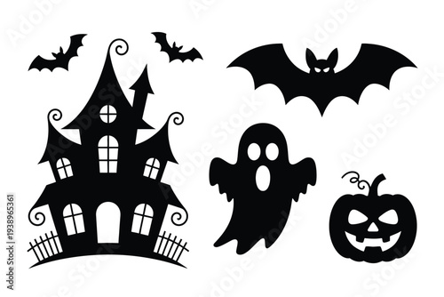 Black halloween featuring haunted house ghost bat and pumpkin