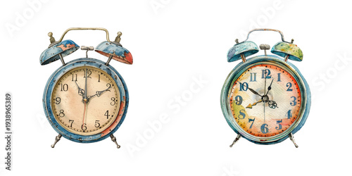antique alarm clock watercolor vector illustration