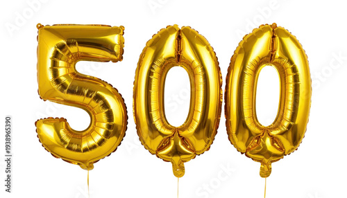 Gold Foil Balloons in the Shape of Number 500 for Celebration Events on Transparent Background