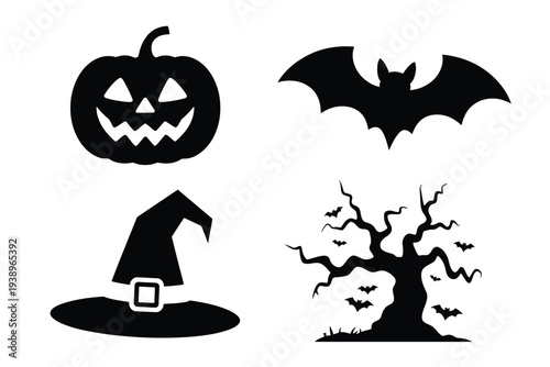 Black halloween including pumpkin witch hat bat and tree with bats