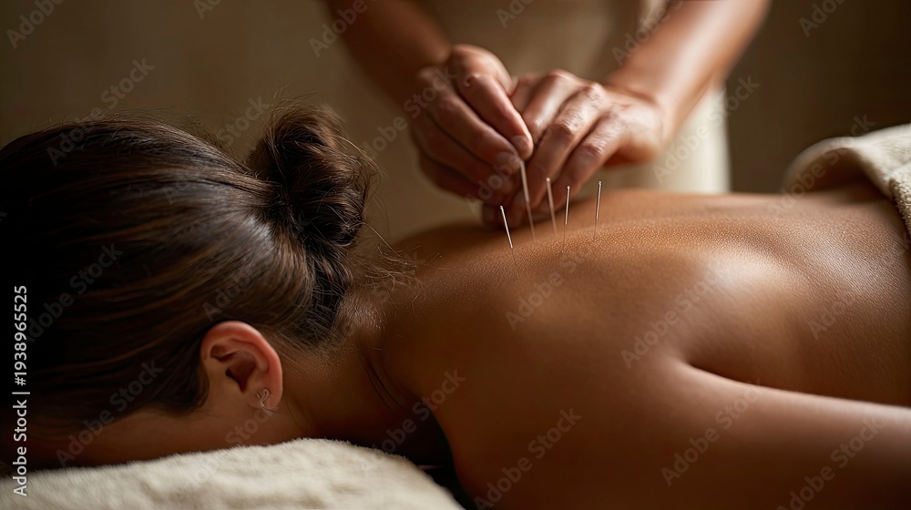 Fototapeta premium Relaxing Acupuncture Treatment on a Woman's Back in Wellness Setting