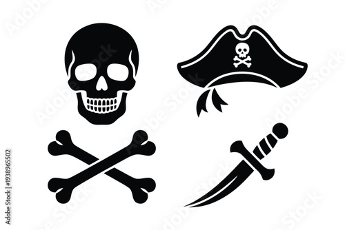 Black pirate symbols skull crossbones hat dagger