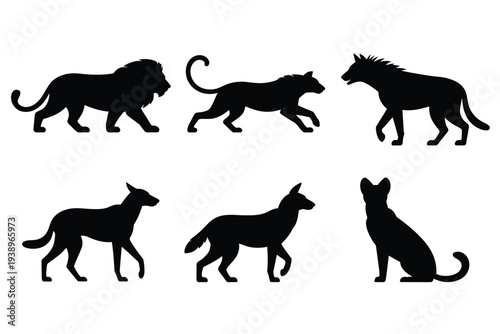 Black silhouettes of six different animals walking or sitting