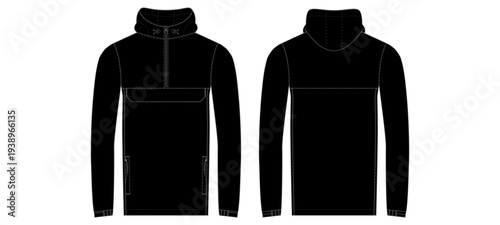 Black Hooded Anorak Jacket Front and Back View Vector Template