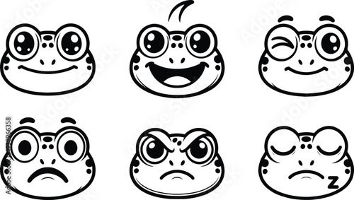 Set of 6 frog face emojis vector