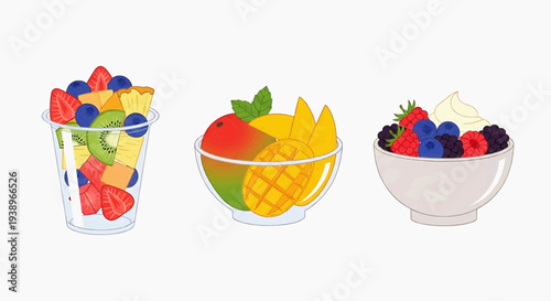 Fresh fruits are arranged in a colorful display on containers and bowl on table indoors