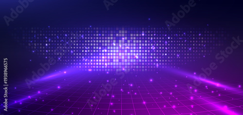 Futuristic neon grid abstract technology background with glowing lines.