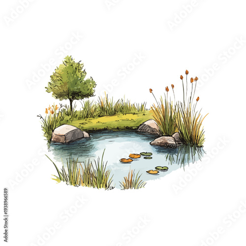 serene pond hand drawn vector illustration