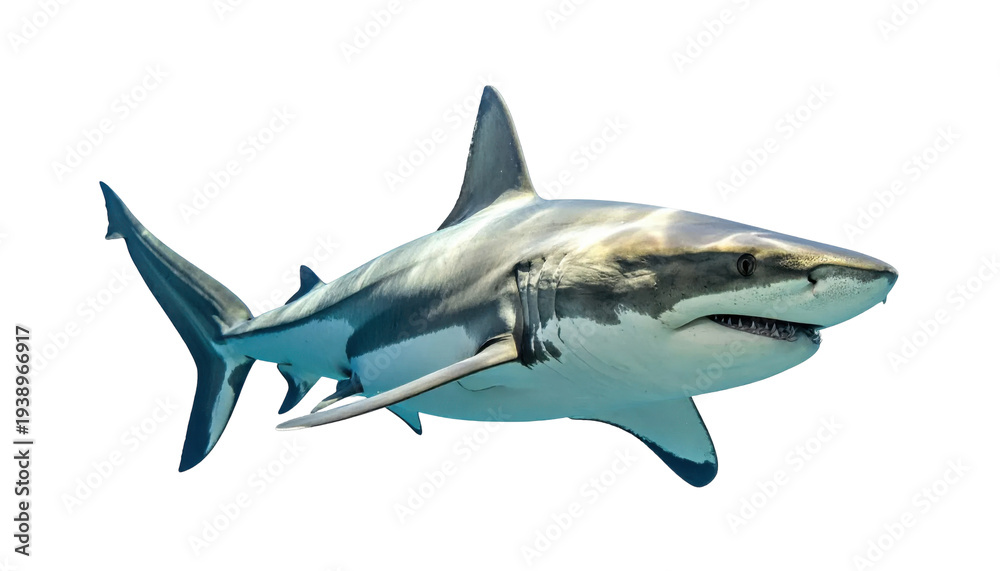 Obraz premium Great White Shark Swimming Gracefully Through the Crystal Clear Ocean Waters