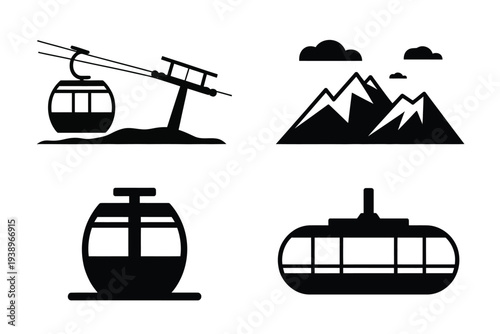 Four black and white cable car and mountain scenes