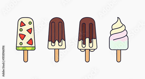 Colorful illustration of four different ice cream popsicles on sticks in a row