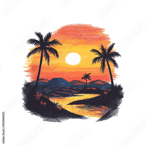 sunset over the dessert oasis hand drawn vector illustration