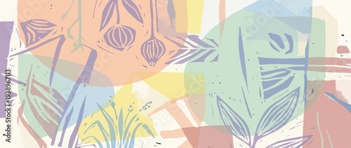 Pastel colored linocut print texture cover or brochure. Boho risograph overlay print texture background. Riso or linocut printmaking with screen analog overlay. 