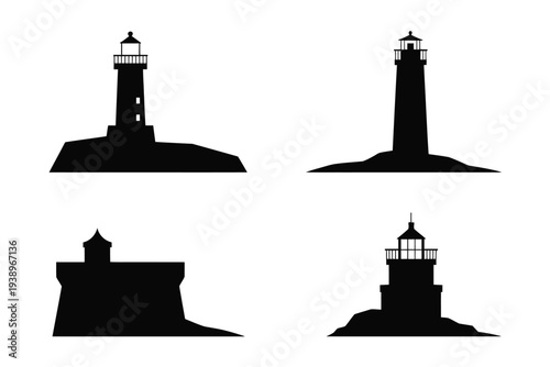 Four black silhouette lighthouse on white background