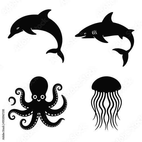 Four black silhouettes of marine animals dolphin shark 1
