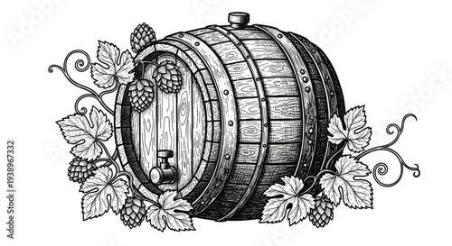 Vintage engraving wooden beer barrel with hop cones brewing ingredient hand drawn woodcut style craft beer illustration