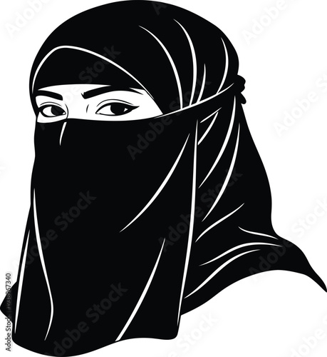 Woman wearing a traditional black niqab or burqa headscarf