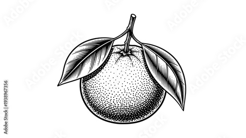 Vintage orange branch engraving, antique citrus fruit with leaves sketch and botanical illustration in woodcut style