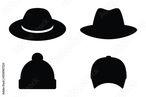 Four different types of black hats in silhouette style
