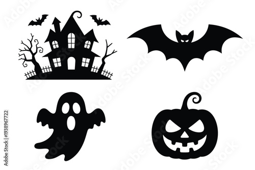 Halloween featuring a haunted house bat ghost and jack o lantern