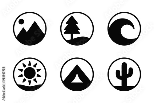 Six black and white circular representing nature mountain