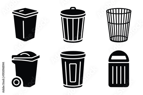 Six black and white trash bins in different styles