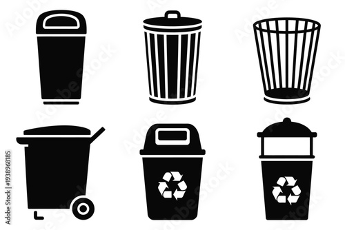 Six black and white trash bins with recycling symbols