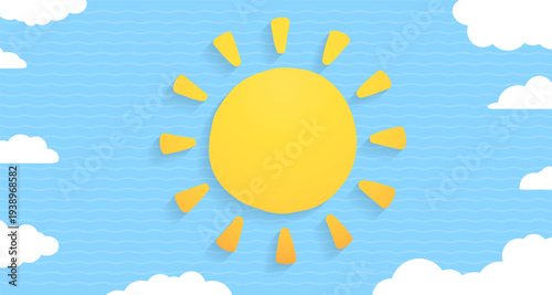 Yellow sun and white clouds on blue sky background