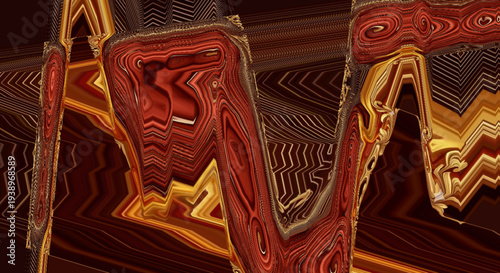 Abstract digital art vector with distorted red brown gold wavy zigzag gradients, layered textures, and surreal molten motion design