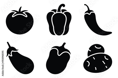 Six black silhouettes of different vegetables tomato 1